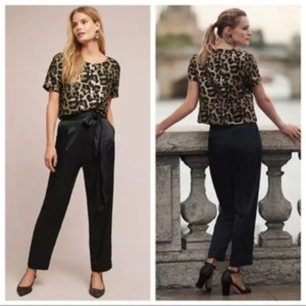 Anthropologie Hutch Black & Gold Leopard Jacquard Short Sleeve Cropped Top XS